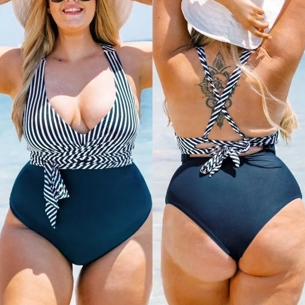 NEW Blue White Plus Size One Piece Size 0X Bathing Suit Swimsuit